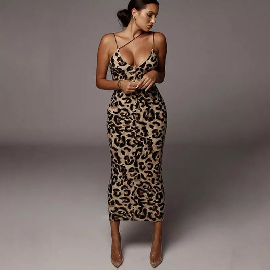 leopard print sleeveless V-neck sexy long dress spring women fashion streetwear party outfits