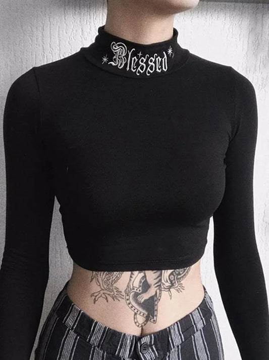 Bodycon Long Sleeve Crop Tops Gothic Harajuku Letter Embroidery Vintage Solid Tops Female Casual Basic Tops