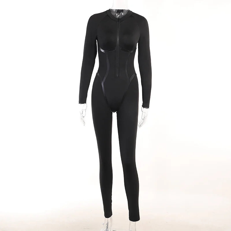 Black Sexy Skinny Jumpsuit Women Overalls O Neck Full Sleeve Zipper Sporty Jumpsuits Ladies Fashion Rompers Streetwear