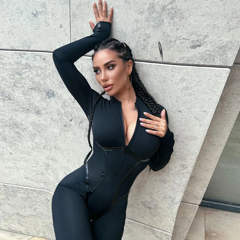 Black Sexy Skinny Jumpsuit Women Overalls O Neck Full Sleeve Zipper Sporty Jumpsuits Ladies Fashion Rompers Streetwear