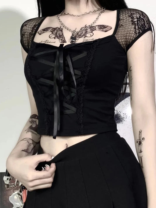 Vintage Tops Goth T-shirt Women Bodycon Lace Black T-shirts Gothic Streetwear Sexy Female Top
